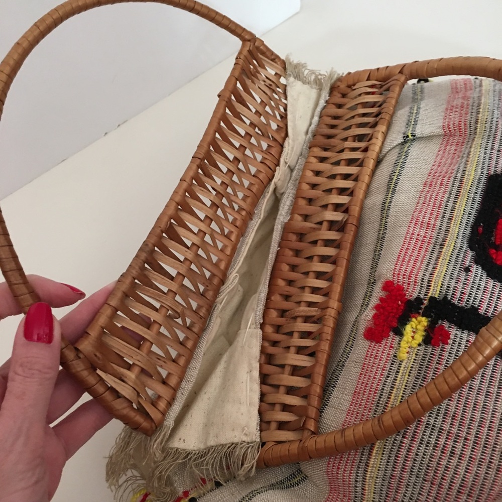 Vintage 1950 Retro Fabric Straw Rooster top handle made in Italy Market Tote Bag - Picture 3 of 14